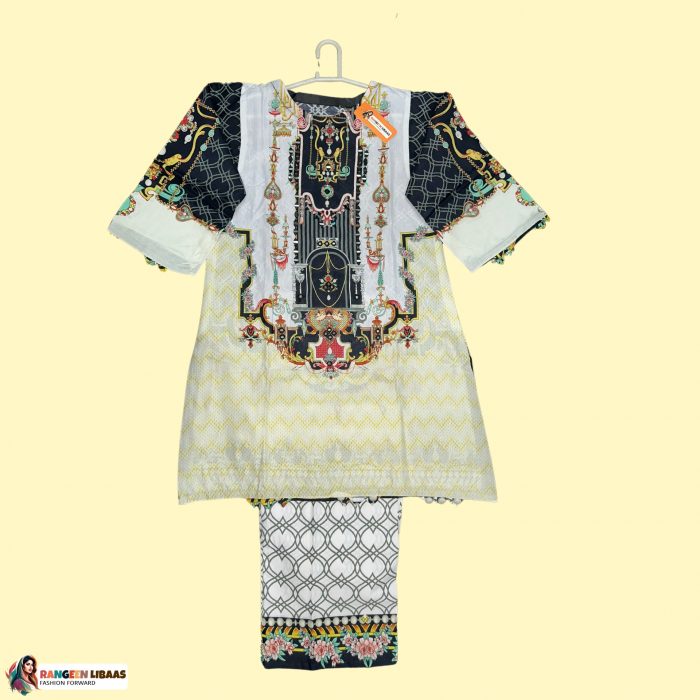 Off-White Dress with Black Printed Design - LAWN - 2 PC - STITCHED - RLS-K-24-1024 - Image 1
