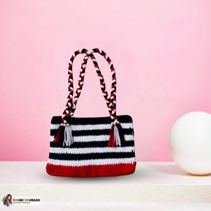 handmade-handbag-woolen-RLS-HB-24-2006 WOOLEN BAG WITH BLACK AND WHITE STRIPES - HANDMADE - RLS-HB-24-2006 - Image 1