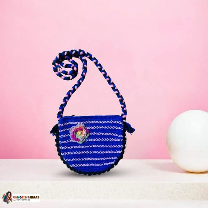 BLUE WOOLEN BAG WITH PINK STRIPES - HANDMADE - RLS-HB-24-2007 - Image 1